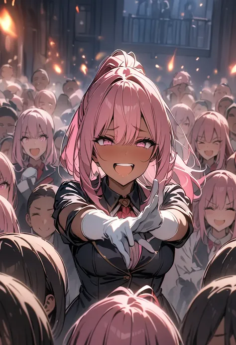 masterpiece, best quality, 8k, 1 woman, pink hair, ponytail, pink eyes, dark skin, wearing a magicians costume, laughing, doing magic, white gloves, sparks around her, ((magician pose)), surrounded by an audience, the background is the street surrounded by...