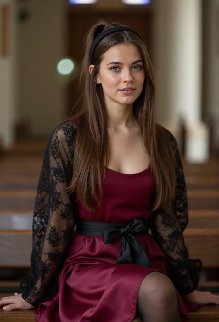 young brunette german woman, beautiful eyes. long brunette hair with ponytail. hairband, long dress in burgundy shiny satin with black lace sleeves, Tights, black Satin ribbonbelt, transparent lip gloss, narrow building, Pretty, 2, Full body photo, long le...