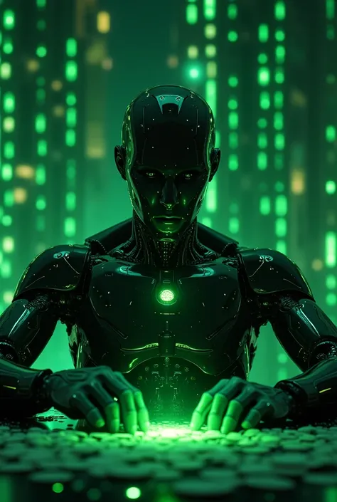 Create for me an image of a FULTURO man half a robot YOUR FACE HIGHLIGHTED IN FRONT OF A modern computer game on the table filled with dollars in a Matrix Dark magic green and black city
