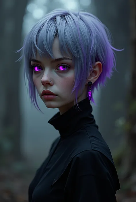 girl with pixie haircut very short in the back and longer in the upper part of the hairher hair is semi wavy, her hair color is gray and violet, with purple eyes wearing black gothic dress.if it were a 1980 dark fantasy movie