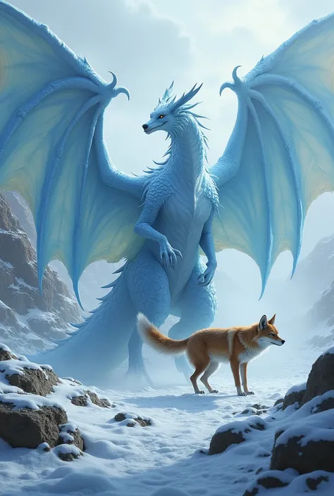 Create an image that shows both an ice dragon and a coyote in a single frame with a matching background. The background should be the same as the hybrid environment, emitting a frosty element from the ground. The ice dragon should be depicted in a pose sho...