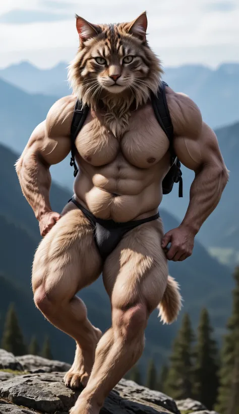 solo, anthro, furry, mainecoon cat daddy, perfect wide muscular bodybuilder body, big pectorals, (big belly), hairy armpits, naked, ((oily)), pubes,

thong, jockstrap, bulge, topless, (backpack)

 on a mountain, day, ((flexing, high knees)), dance,

realis...