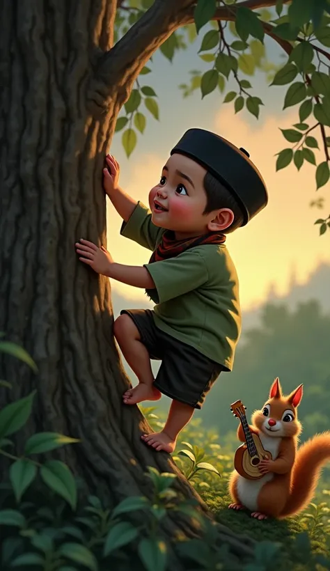 realistic portrait of a fat and cute boy wearing a black skullcap and green shirt typical of Indonesia and wearing a cloth sarong worn around his neck typical of native Indonesians, climbing on all fours on the branches of a large tree to see two squirrels...