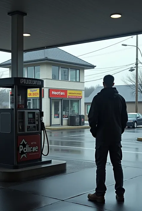 Gas station ,  looks into the windows of a police station, realistic