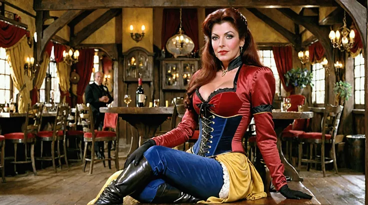 Deanna Troi, An English governess around 25 years old with a composed and authoritative demeanor, seated with legs crossed, wearing a low cut red leather corset, yellow velvet pants, very large breasts, very large cleavage, high heel boots, smile. She has ...