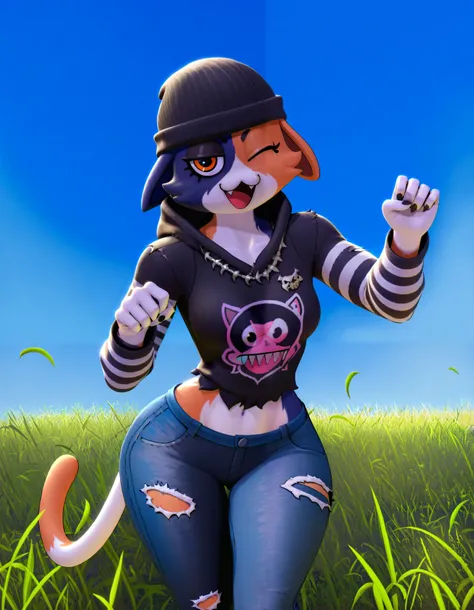 3d render of (epic games, fortnite, meow skulls,:1.25) the anthro female calico cat holding an ak-47 while running through grassy field with a blue sky backdrop. she is wearing her usual black sleevless hoodie with a printed design with striped sleeves and...