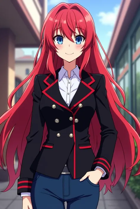 Rias Gremory adult with black jacket with red edges dbs cartoon style with blue jeans and without breasts and with blue eyes 