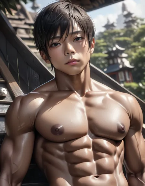 (solo idol brown skin japanese boy), abs, Black short Hair, detailed Black Eyes, (dark brown skin:1.3), topless, (detailed nipples), black thong,best quality, 4k, 8k, highres, (masterpiece:1.2), ultra-detailed, (photo realistic,:1.37), looking at viewer, (...