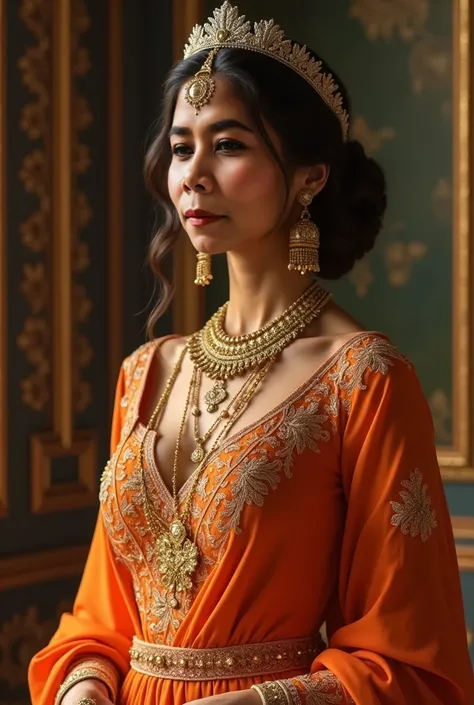 Orange elegant womens Indian dress Complete with luxurious gold jewelry, silver crown, nose piercing, close one eye.
