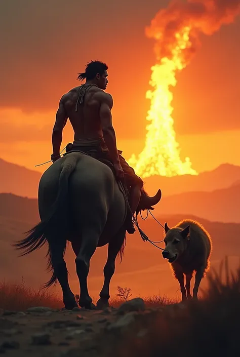 Back view of a Young muscled tribe man on the top of a  buffalo.. Back view of them walking towards a big flame with his pet dog..
