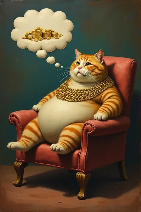 there is a cat sitting on a chair with a thought bubble above it, thinking about the sight of wealth, wearing many gold chains around its neck, a surreal painting by Muggur, trending on pexels, surreal, fat cat, she has a fat round belly, fat cat superhero...