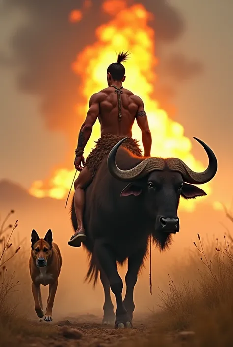 Back view of a Young muscled tribe man on the top of a  buffalo.. Back view walking towards a big flame with his back view of pet dog..
