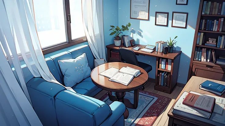  small round white table with books and coffee。Window and thin curtains 。night。 scattered blankets 。A casual book 。Small room。blue。