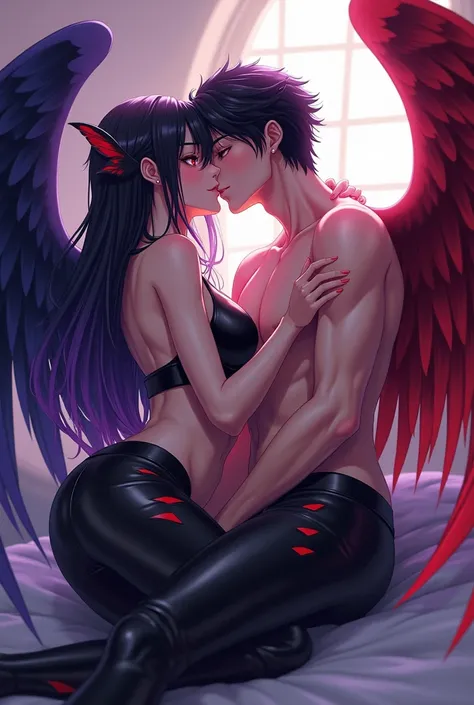 A sexy Angel was , with black eyes,  with black hair with shades of purple and black wings with shades of purple,  wearing black leather pants with bright tones , kissing very close with a sexy Male Angel , With red eyes, with black hair with shades of red...