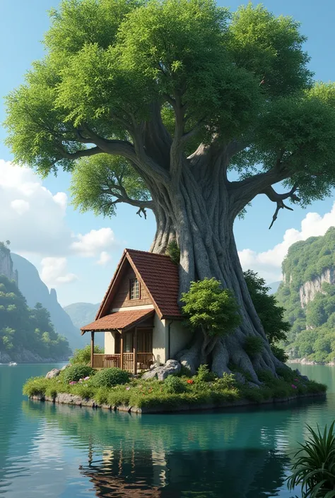 a house is floating on the river and on the river there is a huge tree