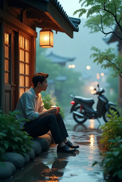 A serene scene of a man sitting outside a traditional wooden house, holding a cup of tea, surrounded by lush greenery and a vintage motorcycle parked nearby. The setting has a gentle rain creating reflective puddles on the ground. Add a subtle city vibe in...