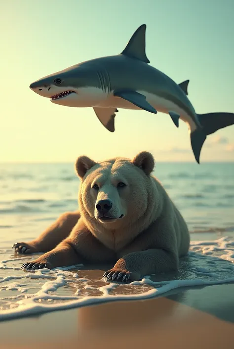 Heres a detailed prompt for generating the image you described:

"A large bear lying on the sandy shore of a tranquil sea, with a shark floating just above the bear, hovering over the water. The shark is suspended as if defying nature, casting a shadow ove...