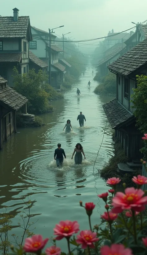 There was a lot of flooding. Houses were submerged. There were flowers and people fleeing the flood waters.