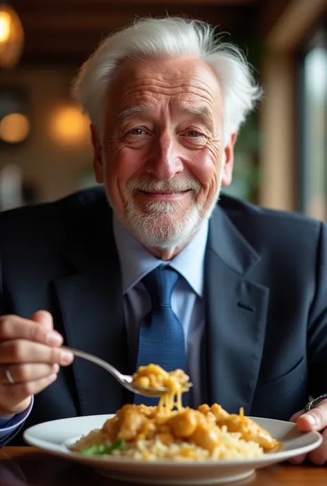  English modern philosopher,  Front view, sitting pose, suit style, blue necktie,  English old man eating  Chickens Curry rice at a spoon,  smile ,England  family restaurant, name is Wagamama,  noon, (photographic, super high definition , retina, masterpie...