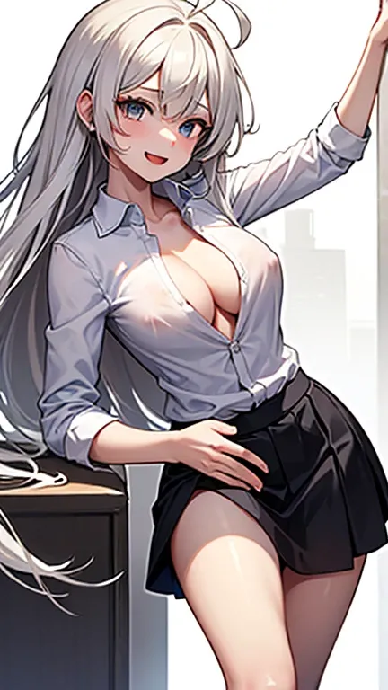 ((  Masterpiece ,  best quality)), ( 1 girl), (Alone), ( for women), (Ahoge,  white hair ,  Very Long Hair ),  blond eyes ,  smiles lightly,  open her mouth , (( white shirt), ( Buttoned Shirt), (I unbuttoned it and opened it),(Pointed nipples)), ((  black...