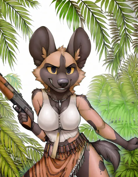 (masterpiece best quality:1.2), dreamworks, digital media, anthro, furry, detailed background, a african_wild_dog holding an ak-47, she is wearing a tribal skirt with top and an ammo belt bandolier, africa, jungle, action pose,