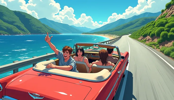 90s anime-style illustrations、Highway along the coast、Drive in a convertible、Looks fun、men and women、