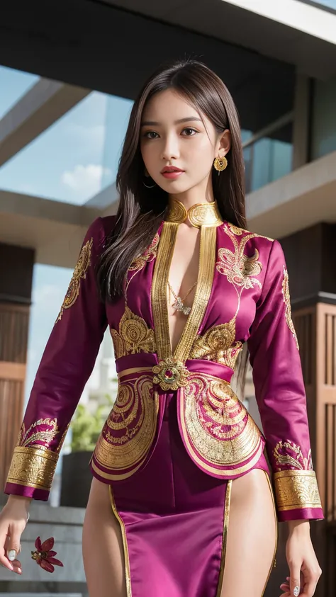 An Indonesian-styled futuristic suit worn by a girl depicting cultural fusion and modern fashion. The suit is adorned with intricate patterns and vibrant colors, showcasing the rich heritage of Indonesia. The girl stands confidently in a dynamic pose, with...