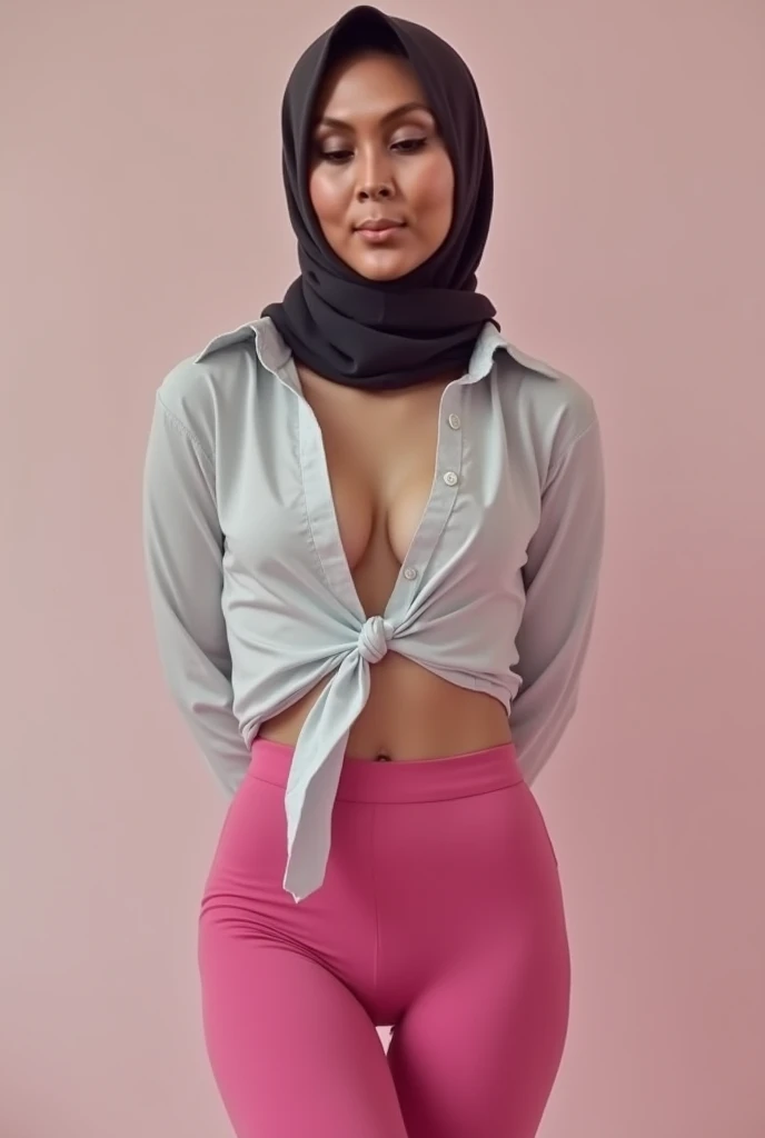 HIJAB MALAY, pink leggings , cameltoe,  shirt split in the middle ,  both hands lying behind back 