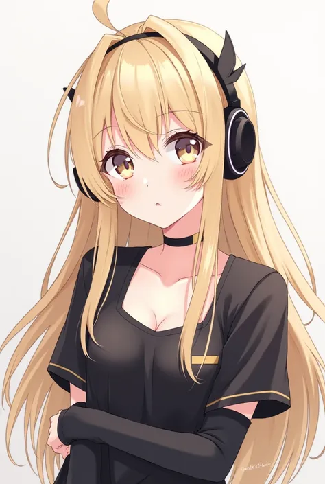 Cute white-skinned anime girl with long blonde hair , black headphones and lenses , wearing a low-cut short sleeve black shirt and arm warmers 