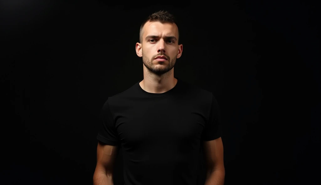 Male DJ, 30 years old, no beard, fully shaved, short haircut, in black T-shirt without pictures and text, hands in pockets, black minimalistic background at the back, good lighting, light shines on the man, this is DJ, sound producer.