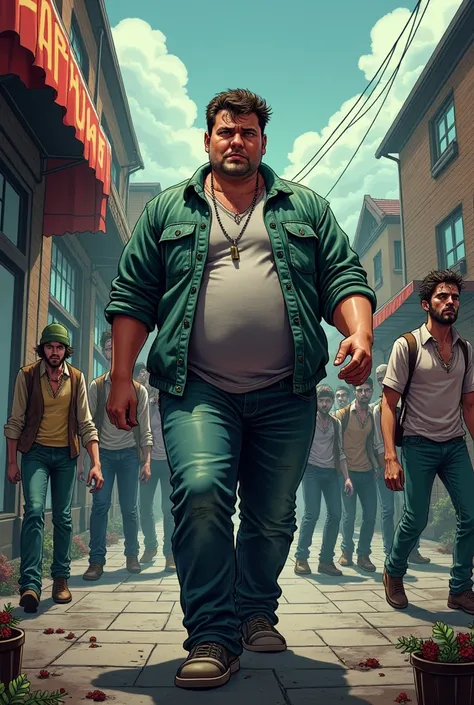 young man a little fat, full body, in the background a shop, the zombie apocalypse thematic, comic drawing style, HD, without gun,without weapons, very detailed.