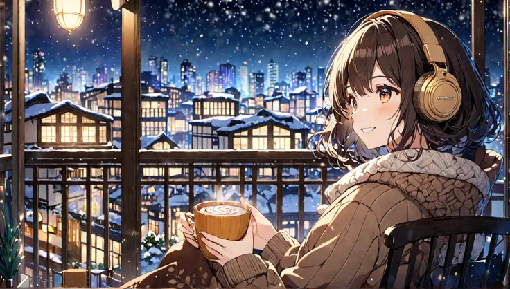 background：night空が見えるバルコニー、I can see the city lights in the distance 。  
Performance： Relaxed Smile 。  
 costume ：Warm sweaters and blankets。  
stop temporarily：sitting on a chair on the balcony、 holding a cup of hot cocoa in one hand , night空を見上げる。  
scen...