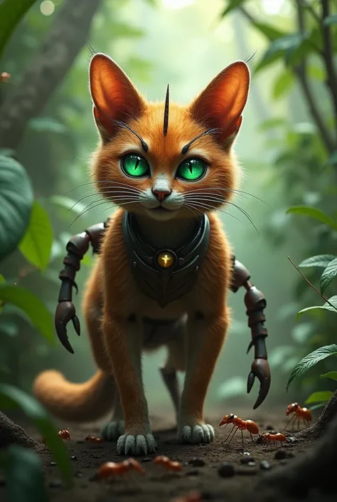 A hybrid creature with the body of a cat and the features of an ant, set in a dense rainforest environment. The creature has realistic, vibrant fur that transitions into a textured exoskeleton resembling an ants armor. Its face combines feline elegance wit...