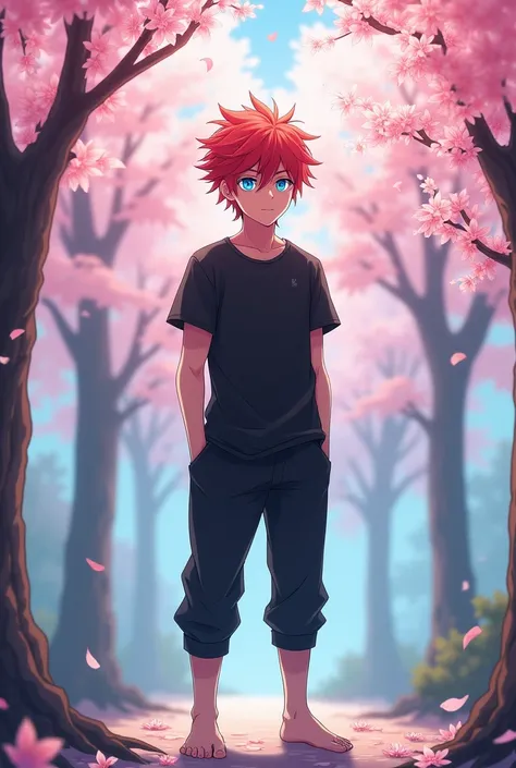 anime male, light red hair, bright glowing blue eyes, spiky hair, , cherry blossom trees, black shirt black pants, barefoot, 