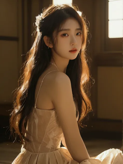 jisoo, korean model , 167cm ，Movie Angle， （cute girl，anatomy correct, romantic dark ambience, masterpiece costume，（ art，geomerty），（plethora of colorest quality，high detal，tmasterpiece，Cinematic lighting effects，4K，Chiaroscuro）realistic lighting , kneeling ...