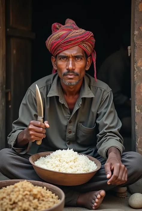 Nepali 25year old man with dhaka topi and khukuri as well as eating rice