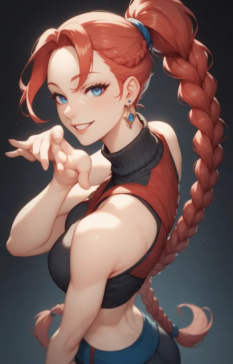 female black sleeveless turtleneck with bare shoulders and racerback, bare toned arms, beautiful faces, long red colored ponytail with showing forehead, earrings, soft smooth skin, pale skin, black background, blue eyes, sci-fi braided long red colored pon...