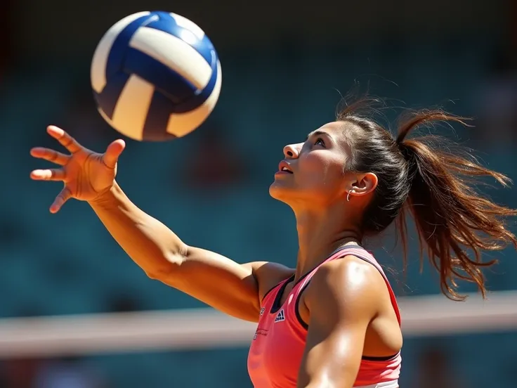 photo realistic, women professional sports, playing volleyball, dynamic jump to block a ball, close-up