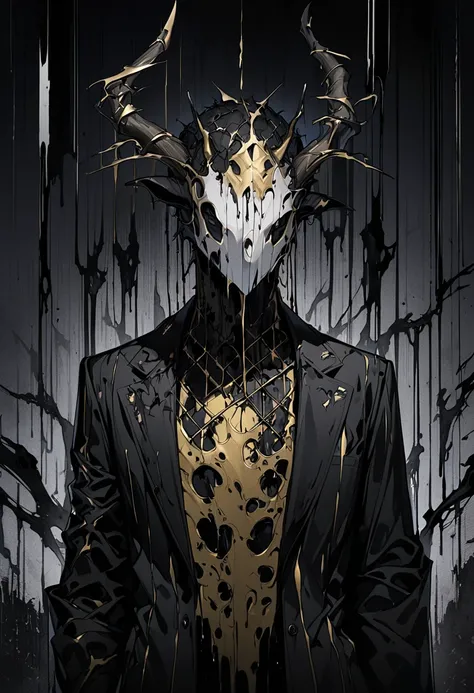   口の代わりに 。  high quality ninja image  ,   black suit body instead of mouth  ,    suit decorated with blue gothic lines,   has elk horns on the head  ,    white mask corroded by black blood   ,   suit decorated with eyes  , Dripping Darkness  ,   dark eyes ...