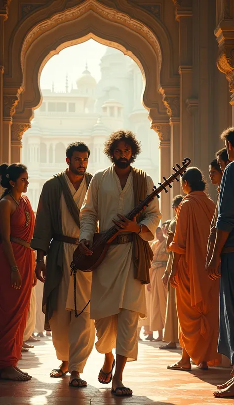 "A blind bard with a kind face and simple clothing, holding a stringed musical instrument. He is being escorted into the royal palace by a guard, while others watch in disbelief."The blind man is wearing a white kurta and light brown dhoti and has an old, ...