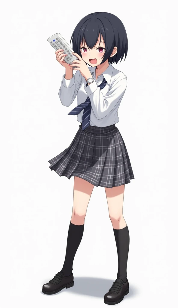 Teenage woman with black and short hair and with white anime watch and pink nails with schoolboy long-sleeved white shirt and plaid tie in dark gray and white and plaid pleated skirt in combination of dark gray and white colors, following a uniform pattern...