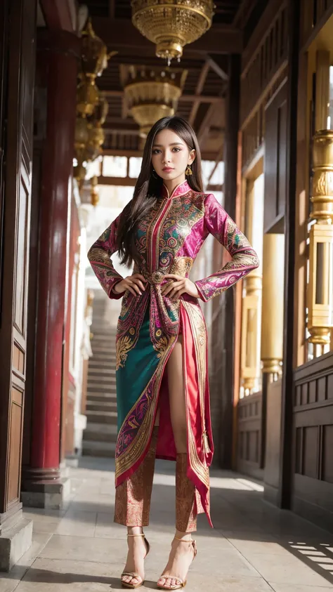 An Indonesian-styled futuristic suit worn by a girl depicting cultural fusion and modern fashion. The suit is adorned with intricate patterns and vibrant colors, showcasing the rich heritage of Indonesia. The girl stands confidently in a dynamic pose, with...