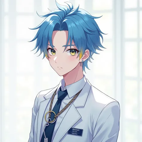 Anime boy with short blue with yellow hair, yellow with blue eyes, wearing silver earrings, wearing a white office uniform, Hang a name tag around your neck , masterpiece,very aesthetic,newest,nsfw