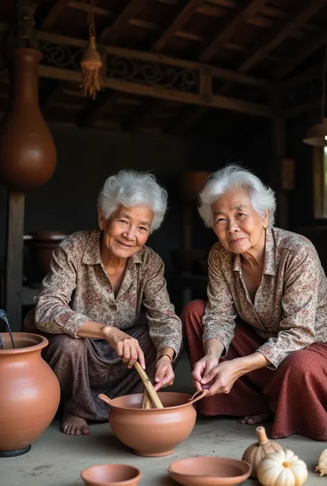 The faces of middle-aged women wearing kebaya and jarik squat in front of the kitchen made of clay hands holding wood for the ignition of the kitchen and above the traditional earthenware kitchen there is a very traditional pot kitchen utensils The face of...