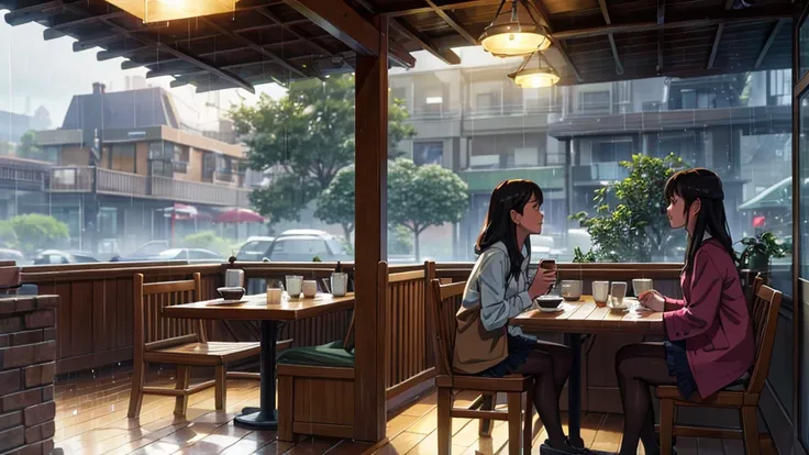  Rainy day cafe :   The girls spend the afternoon in a cozy cafe  ,   watching the rain fall outside while drinking hot coffee and looking at the computer. Calm and cheerful atmosphere  ( best quality), (8k resolution), ( super high resolution)