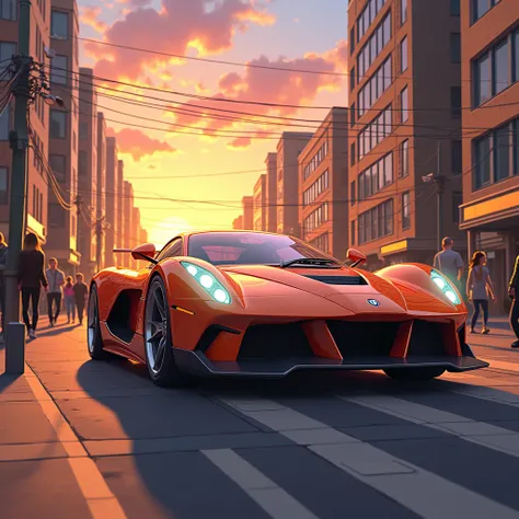 Anime car in a bustling city street during sunset, with people walking on sidewalks, tall buildings reflecting the warm light, and the car prominently in the foreground from a low angle perspective --ar 16:9