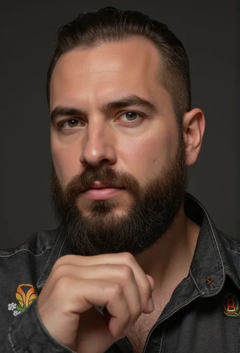 Create an ultra-realistic 8K resolution portrait of a very handsome, rugged, and slightly slim yet muscular man in his 40s. He has a neatly trimmed beard and a slightly hairy chest visible above a stylish shirt. His physique, while lean, shows well-defined...