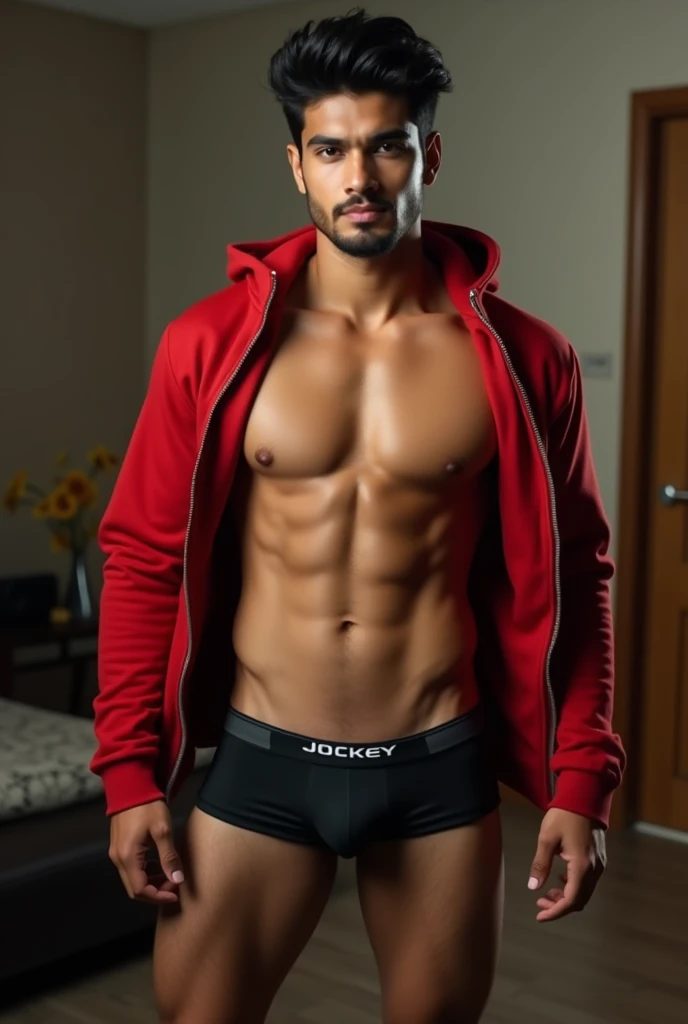 A 20 years old Indian boy were red  houdi jacket and were big  size  black trunk underwear only black trunk underwear only 
And jockey company  barding on black trunk underwear in home   standing position looking very handsome removing his houdi and  looki...