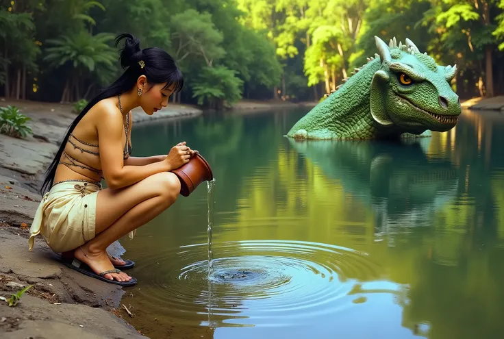(Art of Boris Valejo, Damsel Peril, Extreme complexity multiple subjects) A cute woman (tribal dress, hair up, sandals, clay pitcher) is filling her pitcher at a tranquil lake, a green dragon slowly swims towards her like a predatory crocodile with only it...