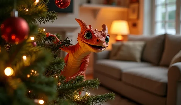 A photo of a realistic cute little dragon caught climbing a Christmas tree. The dragon has a surprised look on its face and is perched on a branch. The tree is decorated with twinkling lights and red ornaments. The background contains a cozy living room wi...